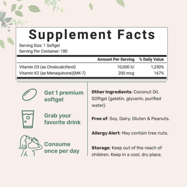Vitamin D3 K2 With Coconut Oil 180 Softgels - Image 3